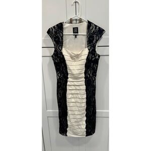 JAX Black Lace Ivory Ruffle Sheath Dress Size 10 Cocktail